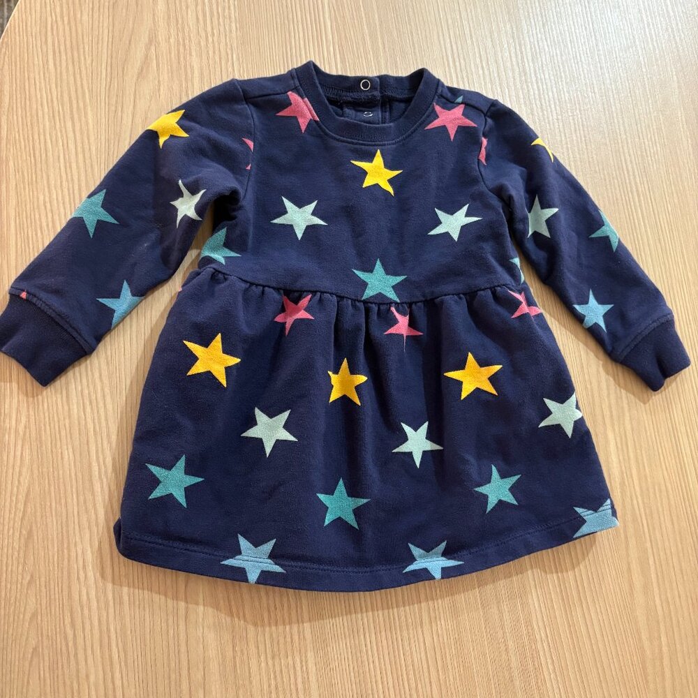 Primary Star Print Dress 6-12 Months Navy Blue Pockets Cotton Blend Snap Back